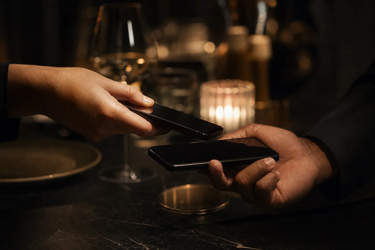Mum ışığındaki restoran masasında iki telefonu birbirine yaklaştıran bir misafir